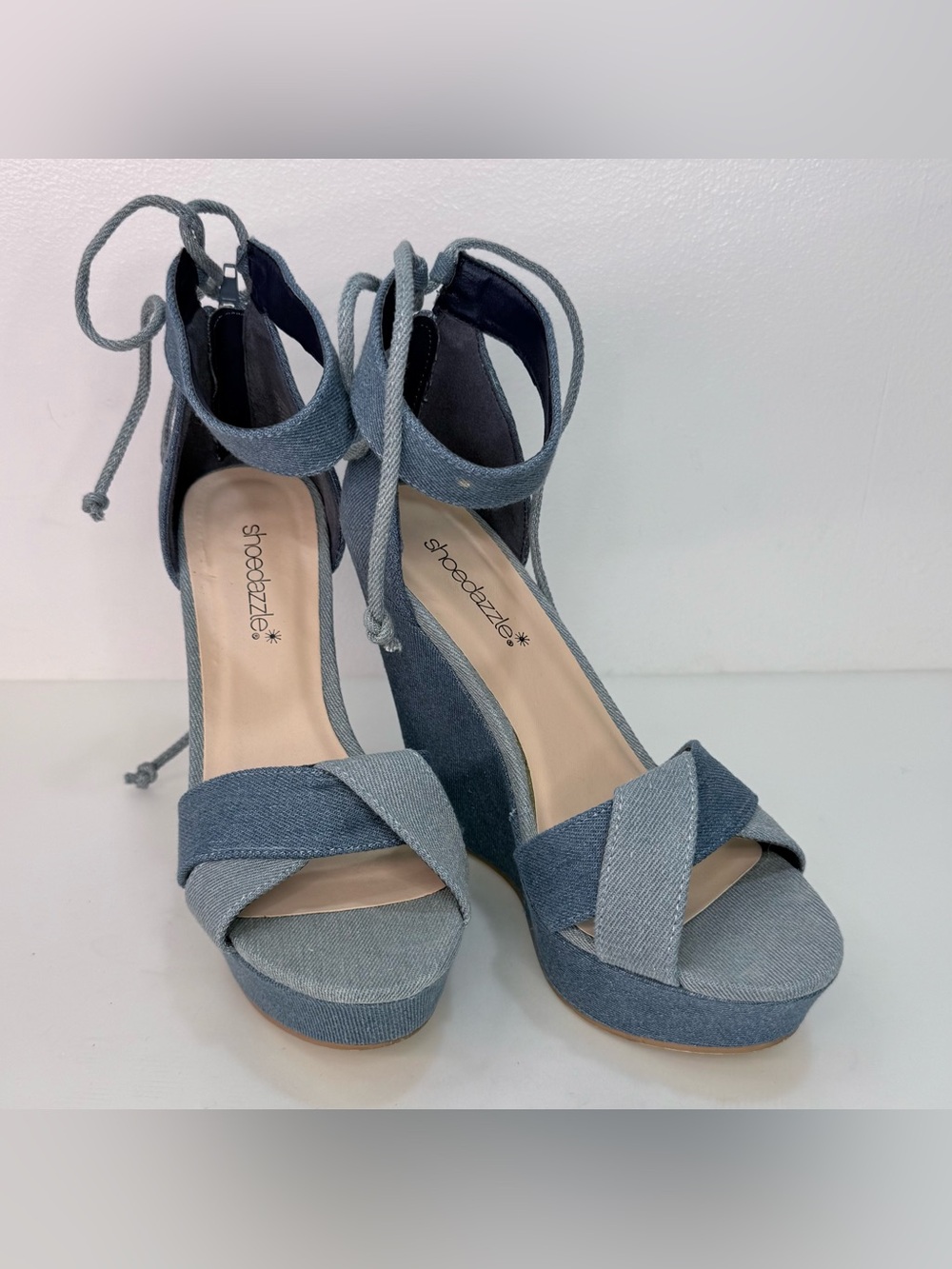 ShoeDazzle Breece Two-Tone Denim Lace-Up Wedge Sandals - Blue
